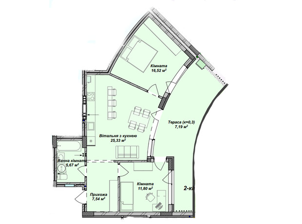 ЖК Crystal: планування 2-кімнатної квартири 74.05 м²