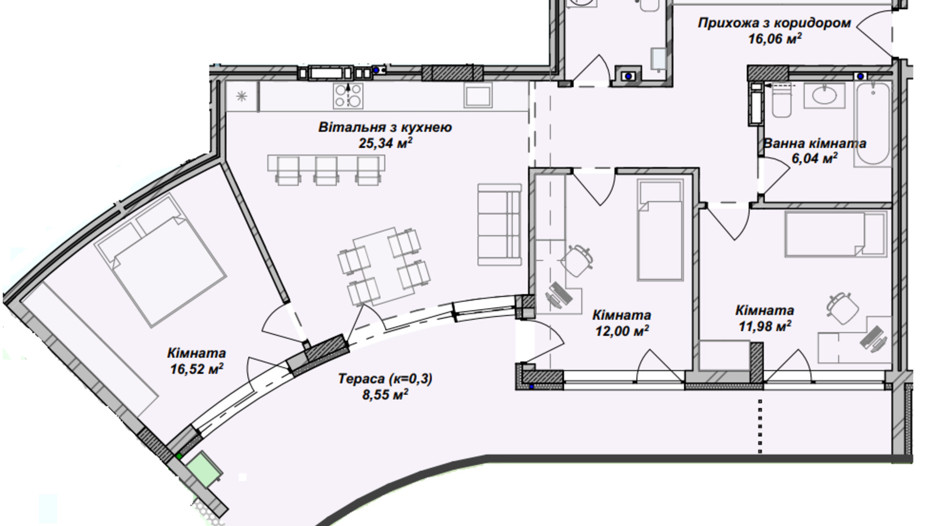 Планировка 4-комнатной квартиры в ЖК Crystal 100.51 м², фото 367667