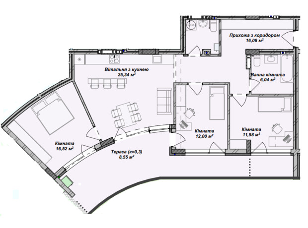 ЖК Crystal: планировка 4-комнатной квартиры 100.51 м²