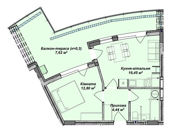 ЖК Crystal: планування 1-кімнатної квартири 46.58 м²