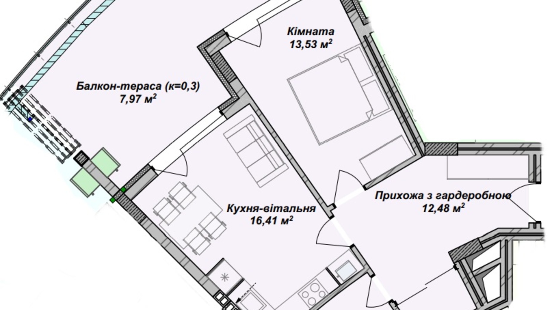 Планування 1-кімнатної квартири в ЖК Crystal 56.18 м², фото 367900