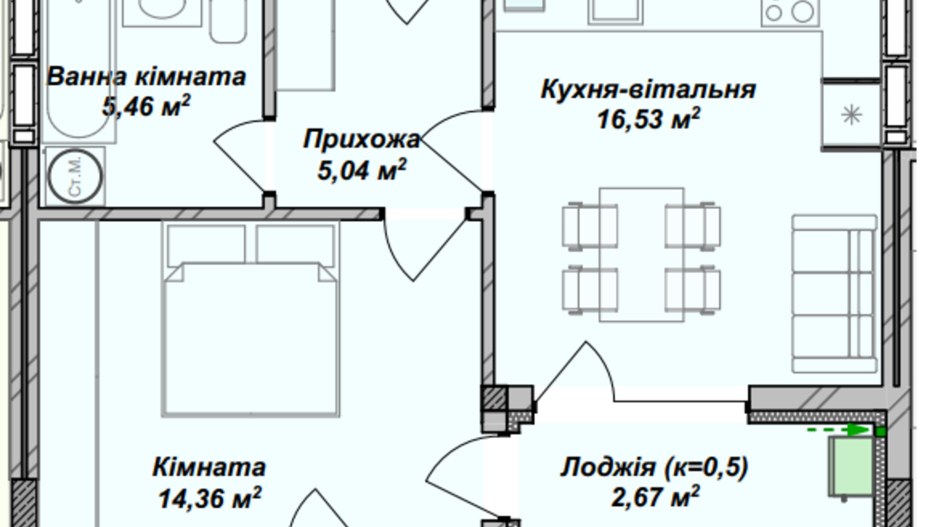 Планування 1-кімнатної квартири в ЖК Crystal 44.06 м², фото 367915