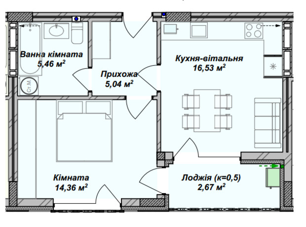 ЖК Crystal: планування 1-кімнатної квартири 44.06 м²