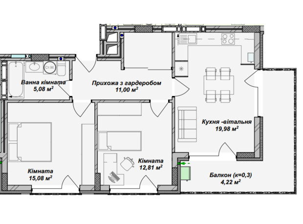 ЖК Crystal: планування 2-кімнатної квартири 68.17 м²