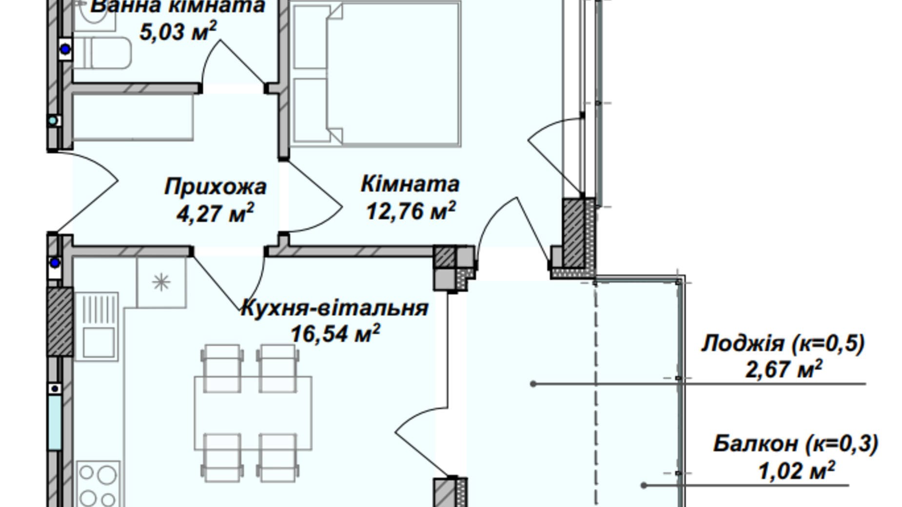 Планування 1-кімнатної квартири в ЖК Crystal 42.29 м², фото 367959