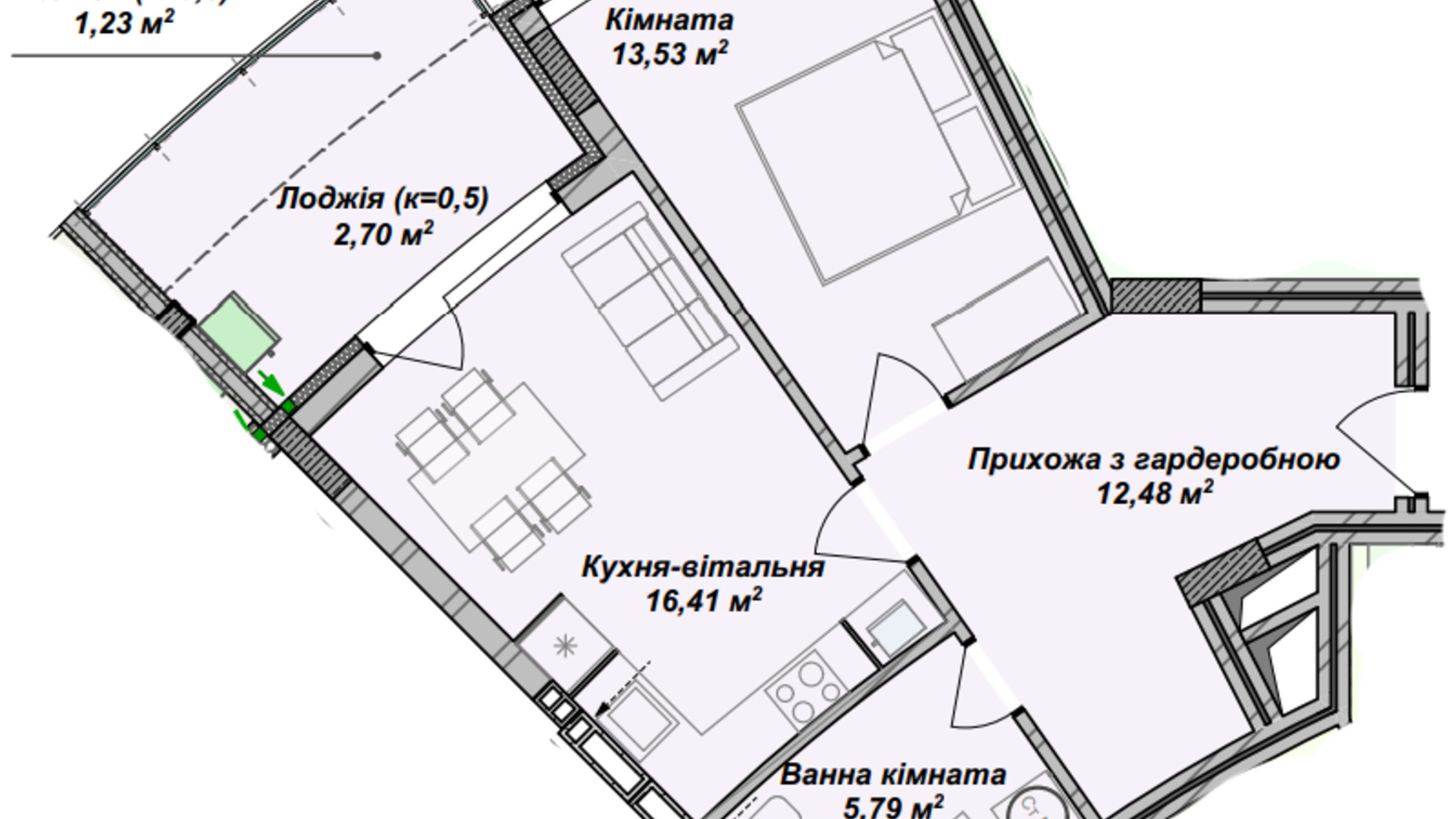 Планування 1-кімнатної квартири в ЖК Crystal 52.14 м², фото 367961