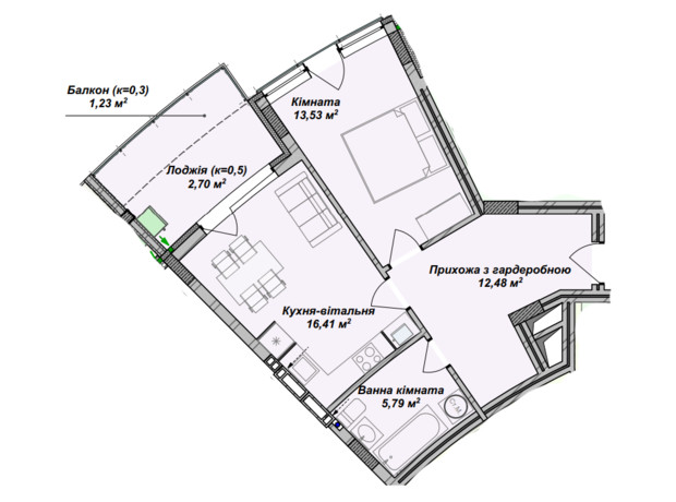 ЖК Crystal: планування 1-кімнатної квартири 52.14 м²