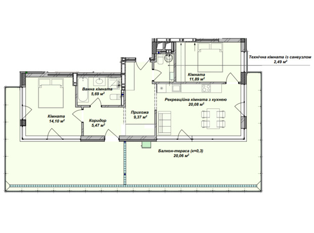 ЖК Crystal: планування 2-кімнатної квартири 89.15 м²