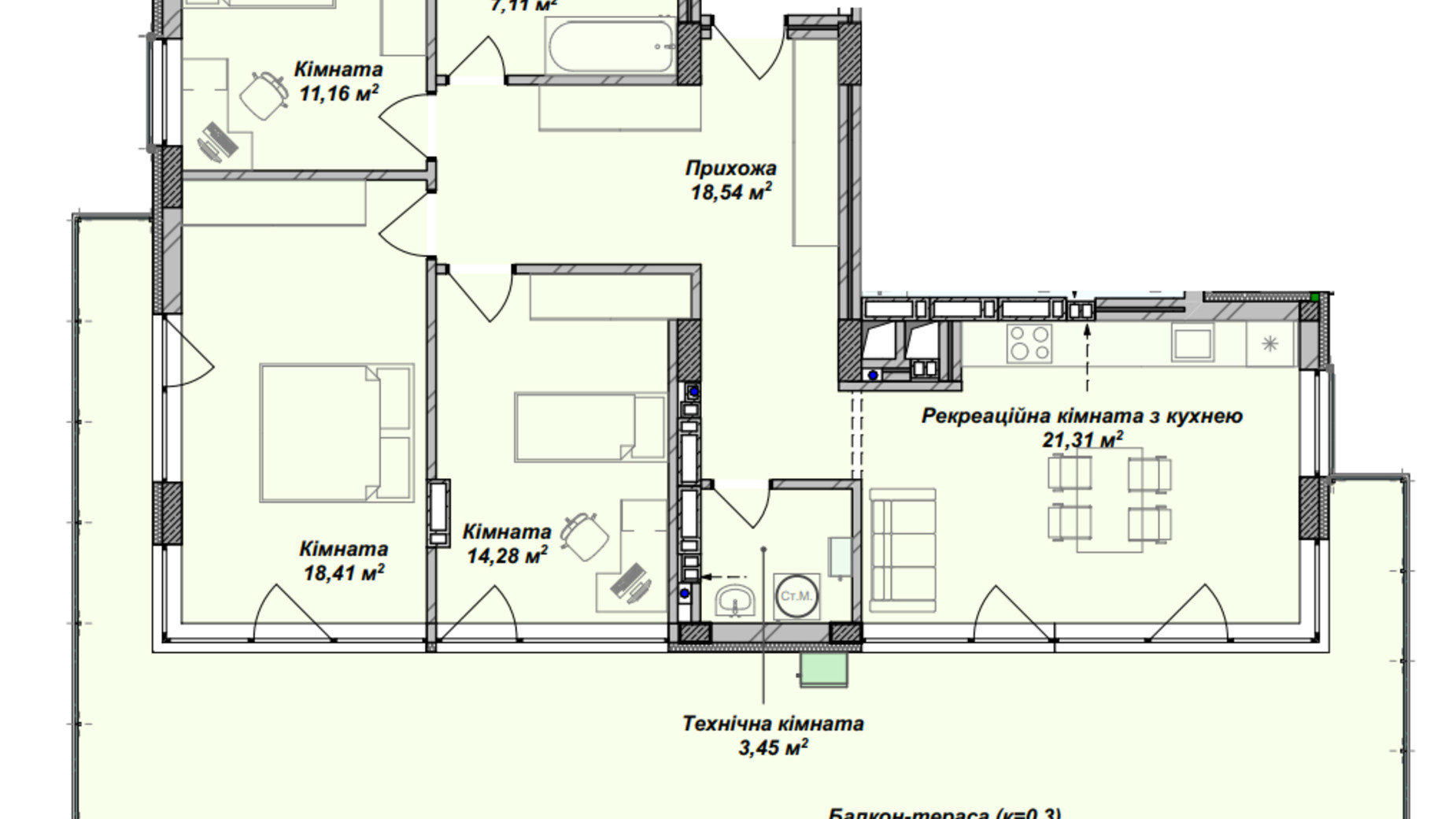 Планування 3-кімнатної квартири в ЖК Crystal 115.34 м², фото 367976