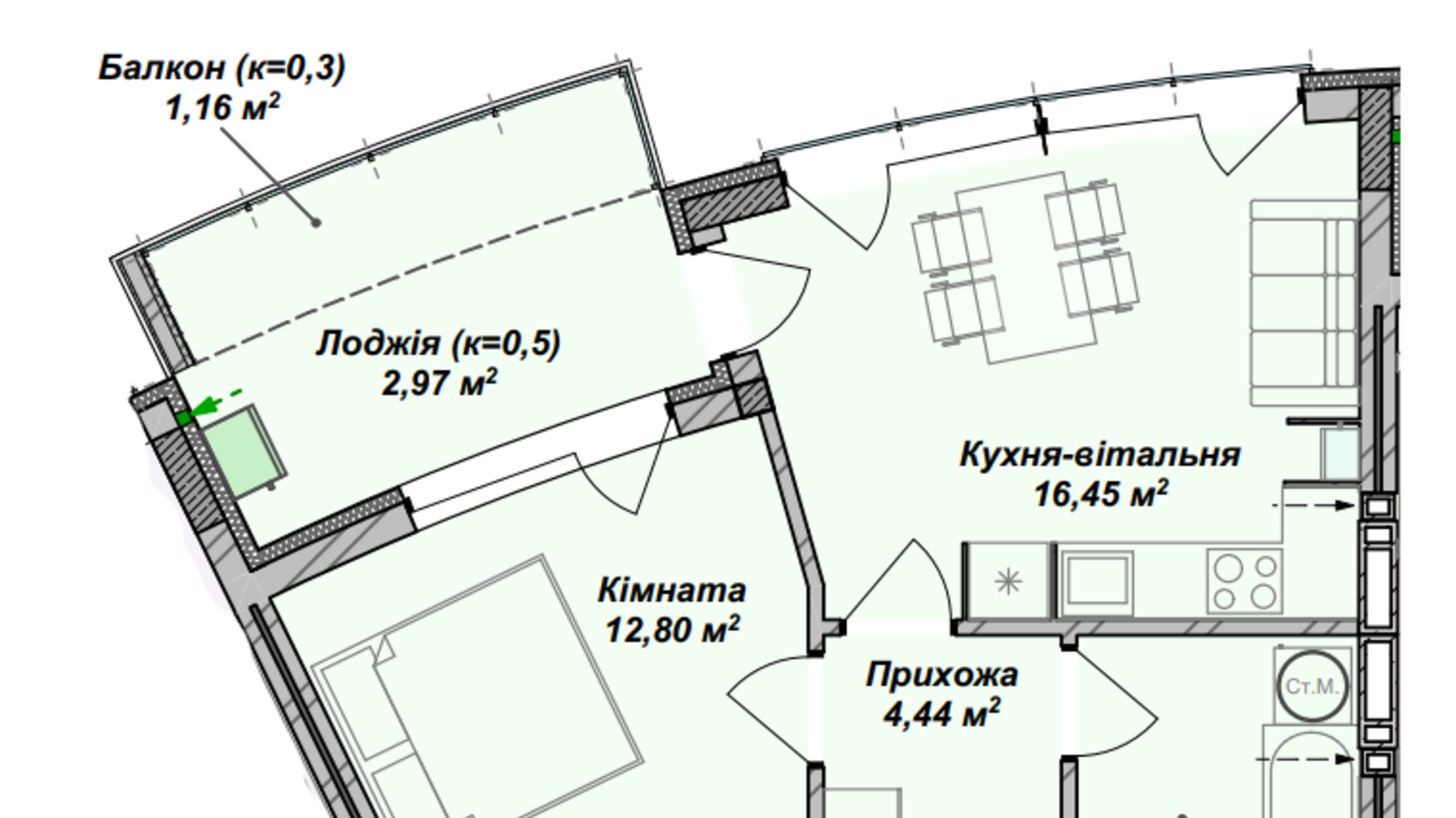 Планування 1-кімнатної квартири в ЖК Crystal 43.09 м², фото 367979