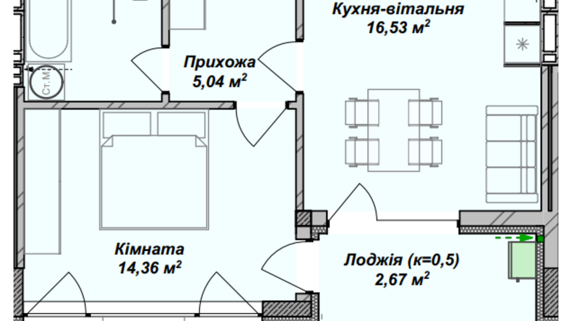 Планування 1-кімнатної квартири в ЖК Crystal 45.08 м², фото 367981