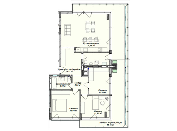 ЖК Crystal: планування 3-кімнатної квартири 113.84 м²