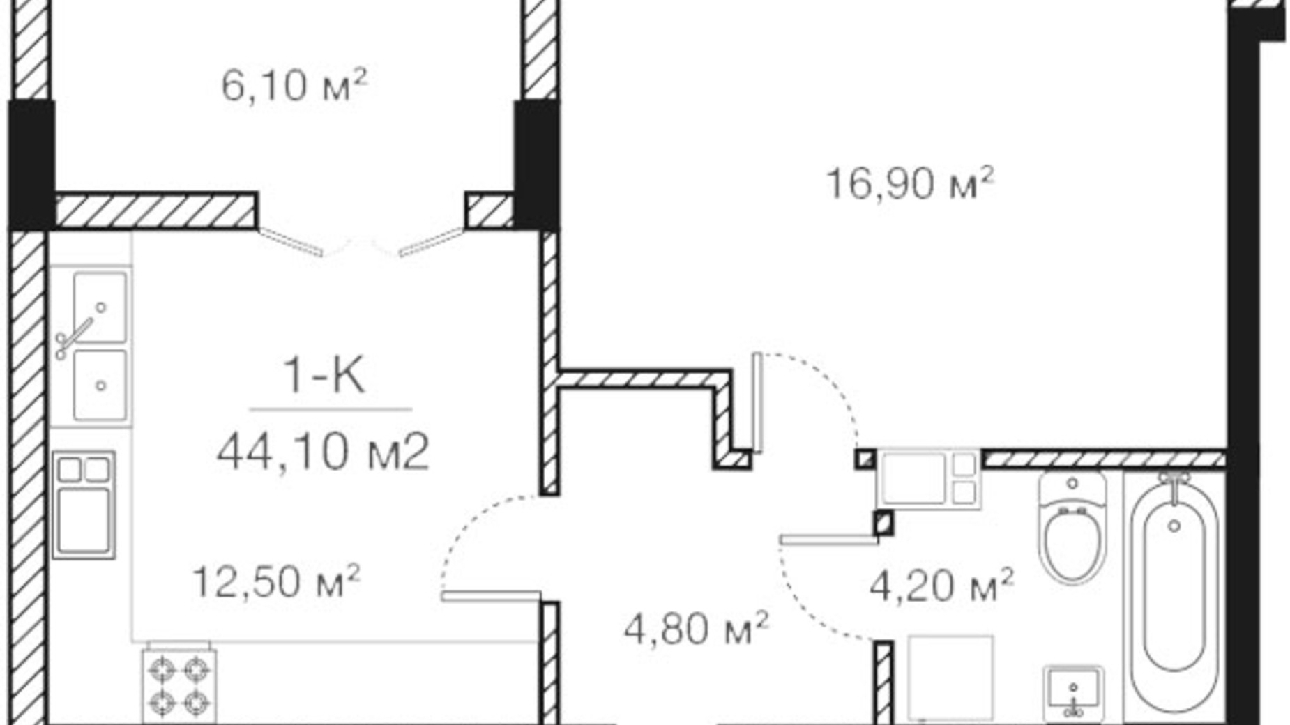 Планування 1-кімнатної квартири в ЖК Concept House Futurium 44.1 м², фото 368271