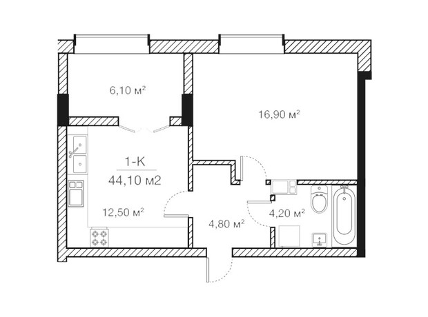 ЖК Concept House Futurium: планування 1-кімнатної квартири 44.1 м²