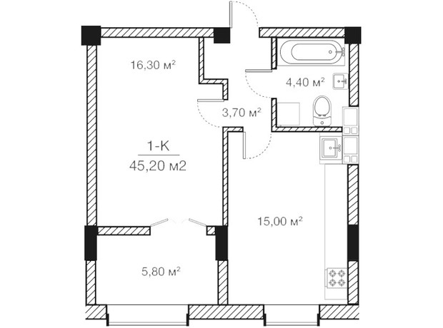 ЖК Concept House Futurium: планування 1-кімнатної квартири 45.2 м²