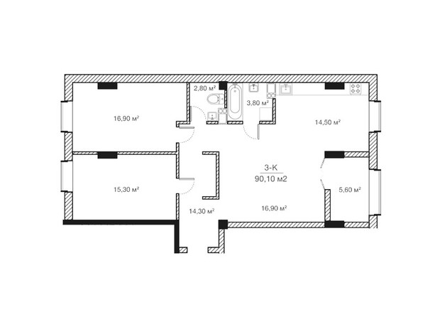 ЖК Concept House Futurium: планування 3-кімнатної квартири 90.1 м²