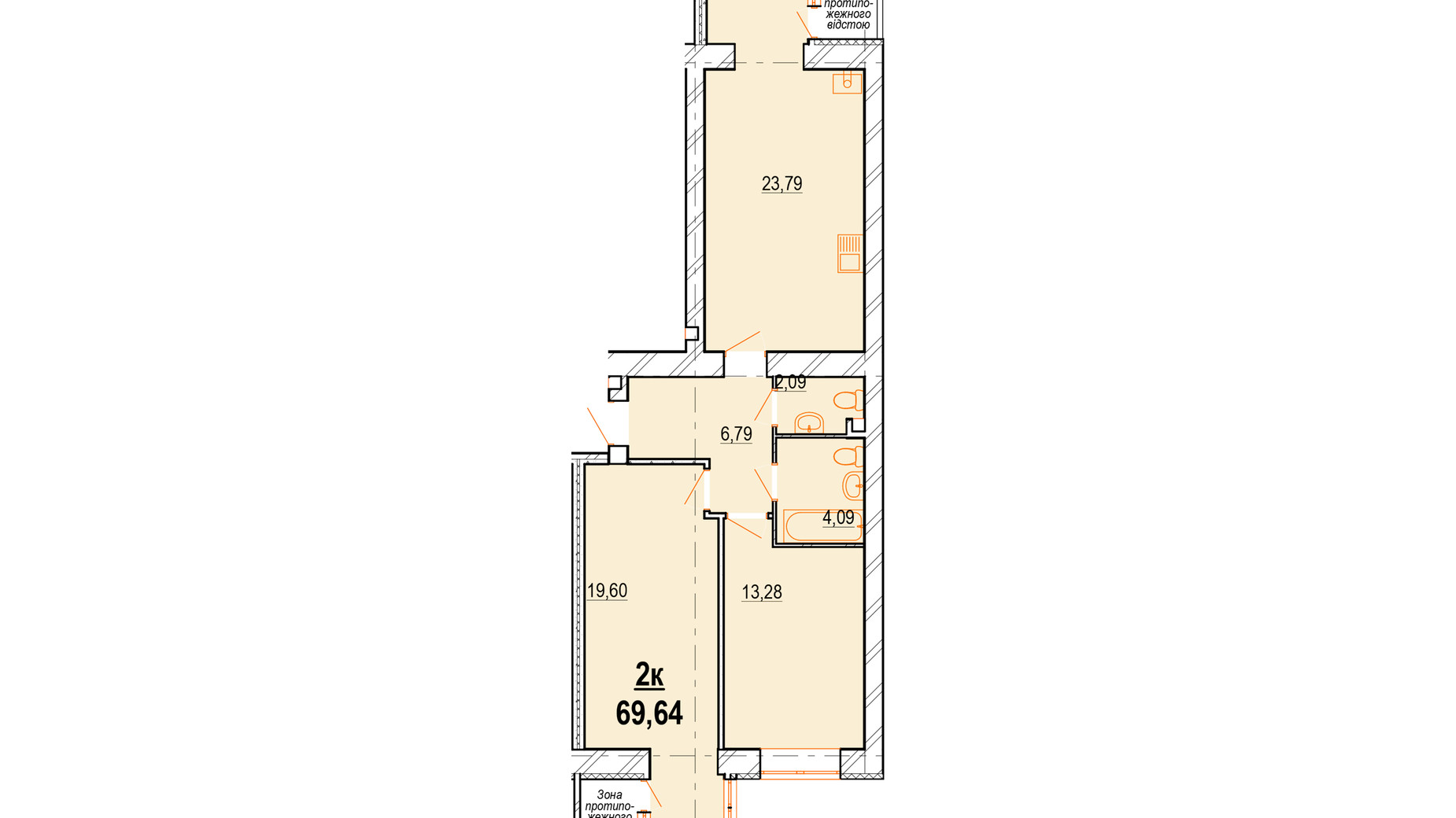 Планировка 2-комнатной квартиры в ЖК Старогородский 69.64 м², фото 368502