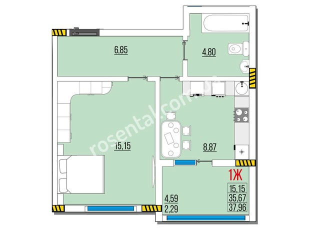 ЖК Розенталь: планування 1-кімнатної квартири 37.96 м²