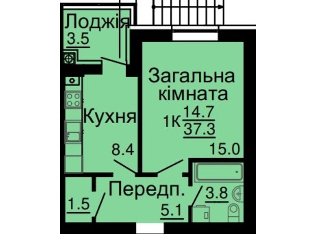 ЖК Львівський затишок: планування 1-кімнатної квартири 37.3 м²