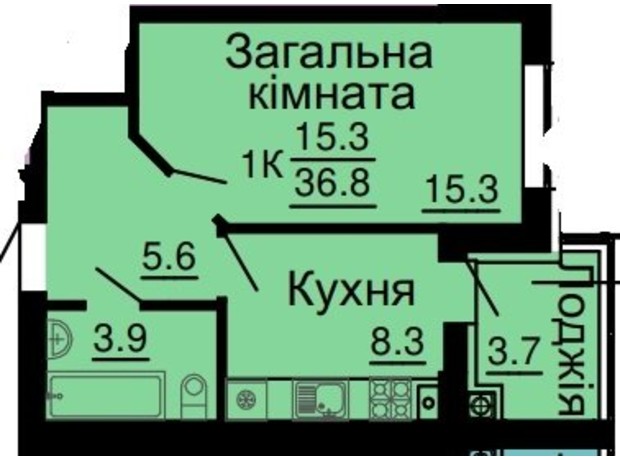 ЖК Львівський затишок: планування 1-кімнатної квартири 36.8 м²