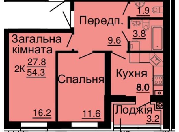 ЖК Львівський затишок: планировка 2-комнатной квартиры 54.3 м²