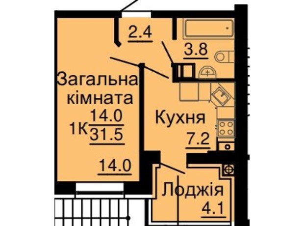 ЖК Львівський затишок: планировка 1-комнатной квартиры 31.5 м²