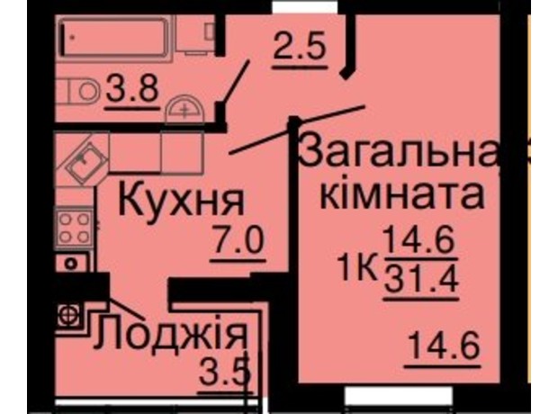 ЖК Львівський затишок: планировка 1-комнатной квартиры 31.4 м²