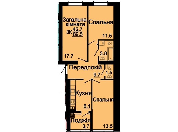 ЖК Львівський затишок: планировка 3-комнатной квартиры 69.5 м²