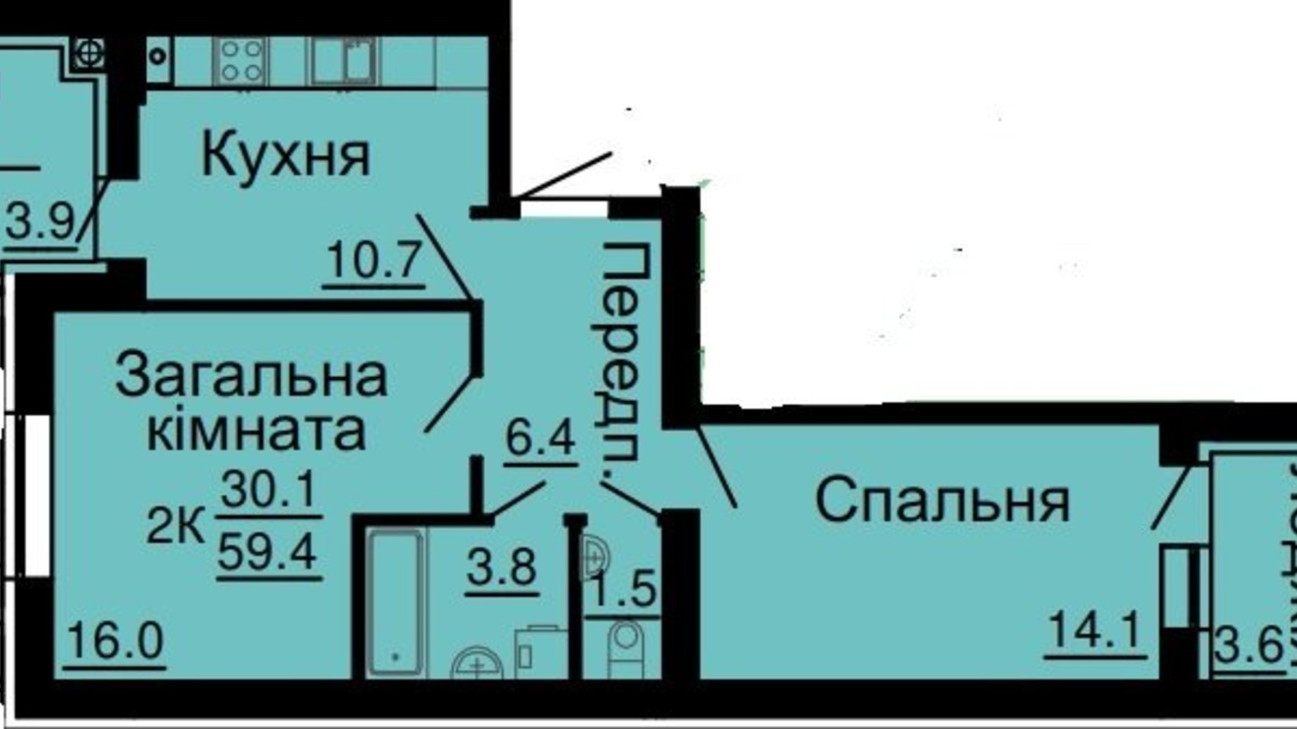 Планировка 2-комнатной квартиры в ЖК Львівський затишок 59.4 м², фото 368562