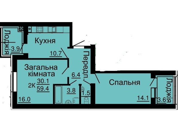 ЖК Львівський затишок: планування 2-кімнатної квартири 59.4 м²