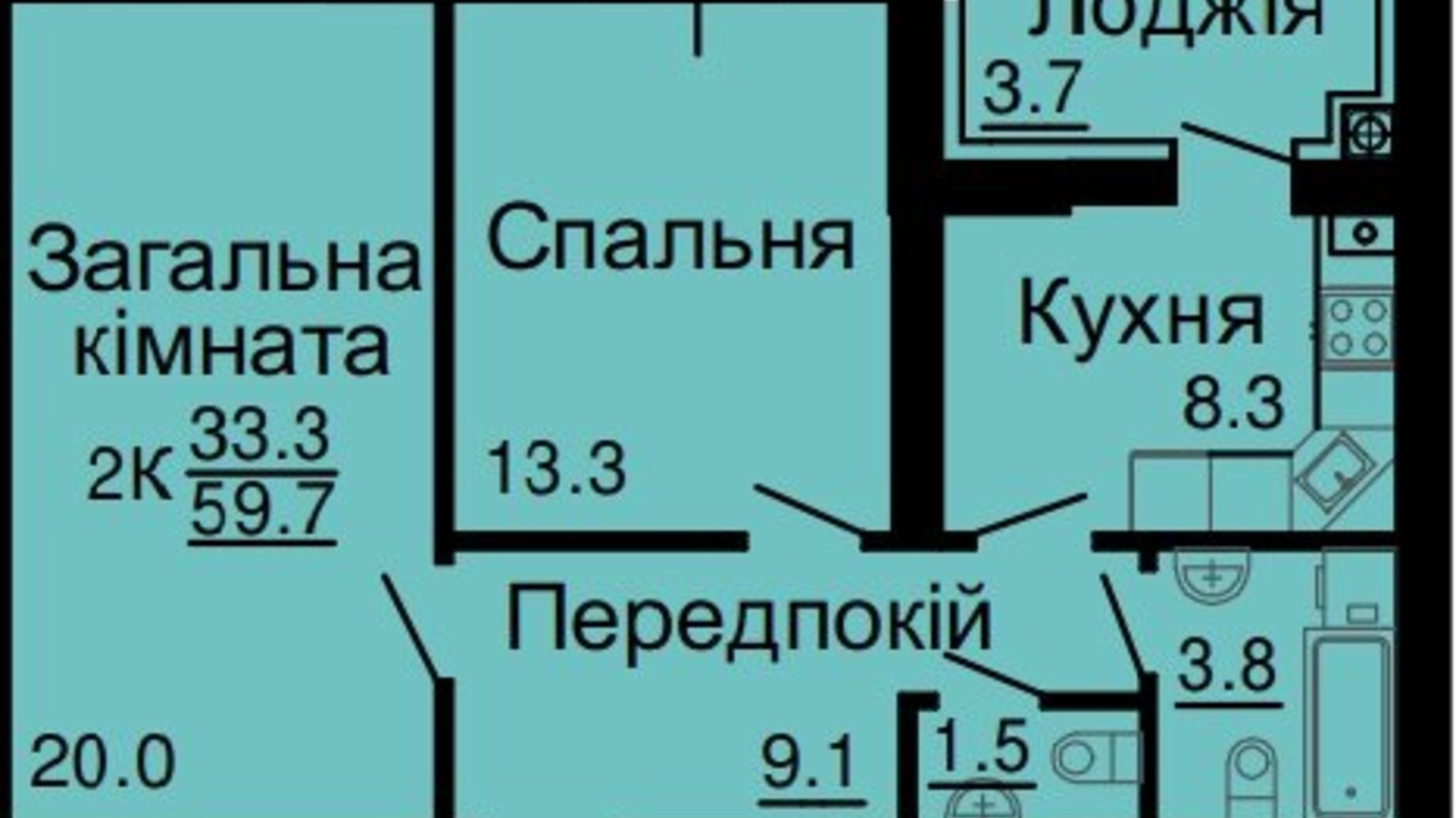 Планировка 2-комнатной квартиры в ЖК Львівський затишок 59.7 м², фото 368564