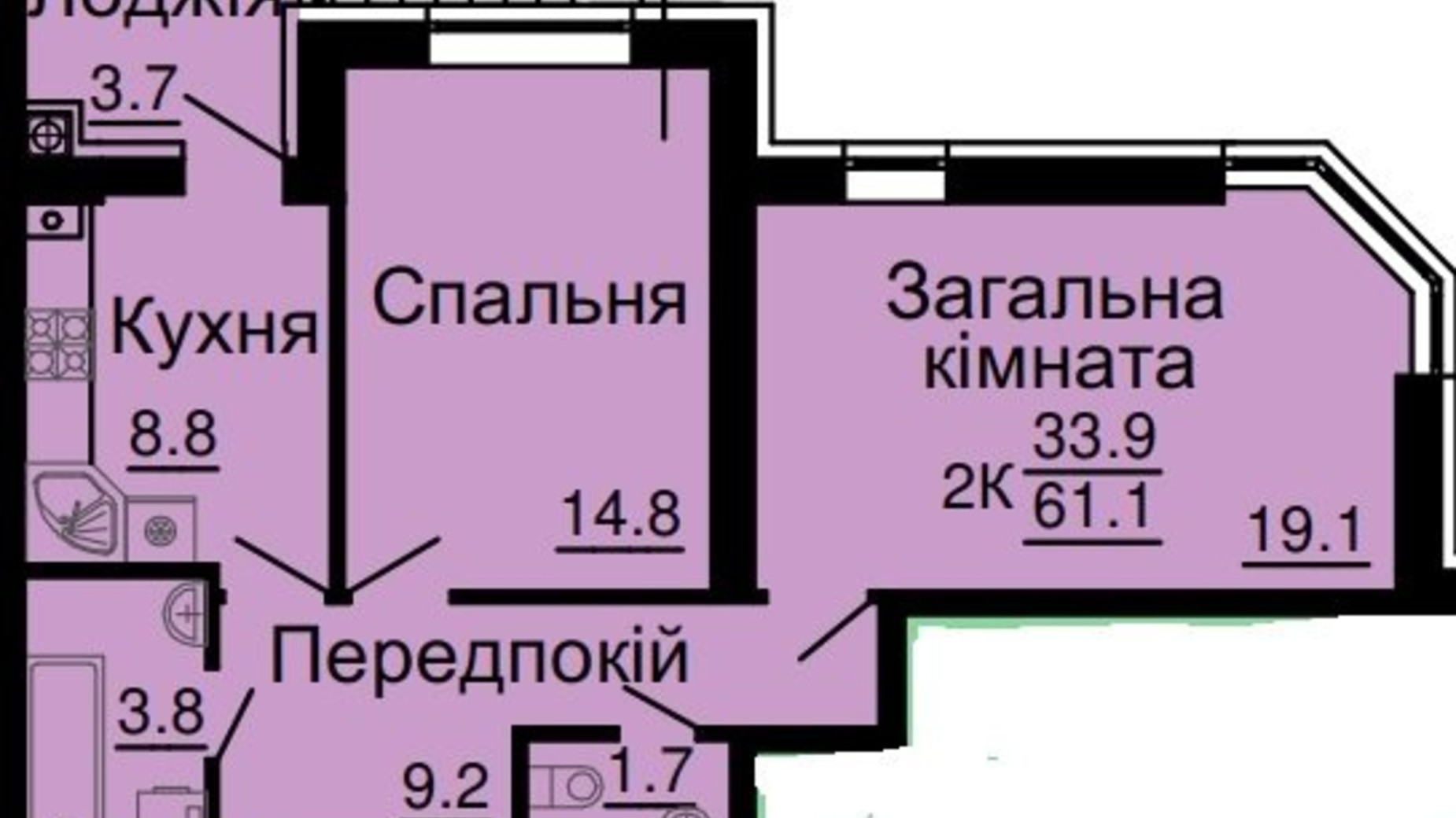 Планировка 2-комнатной квартиры в ЖК Львівський затишок 61.1 м², фото 368565