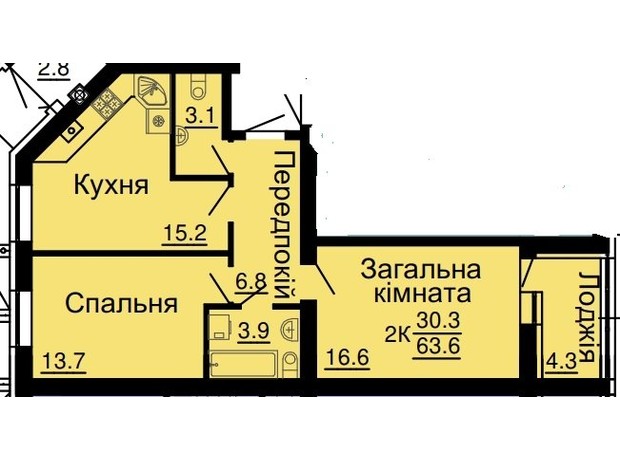 ЖК Львівський затишок: планування 2-кімнатної квартири 63.6 м²