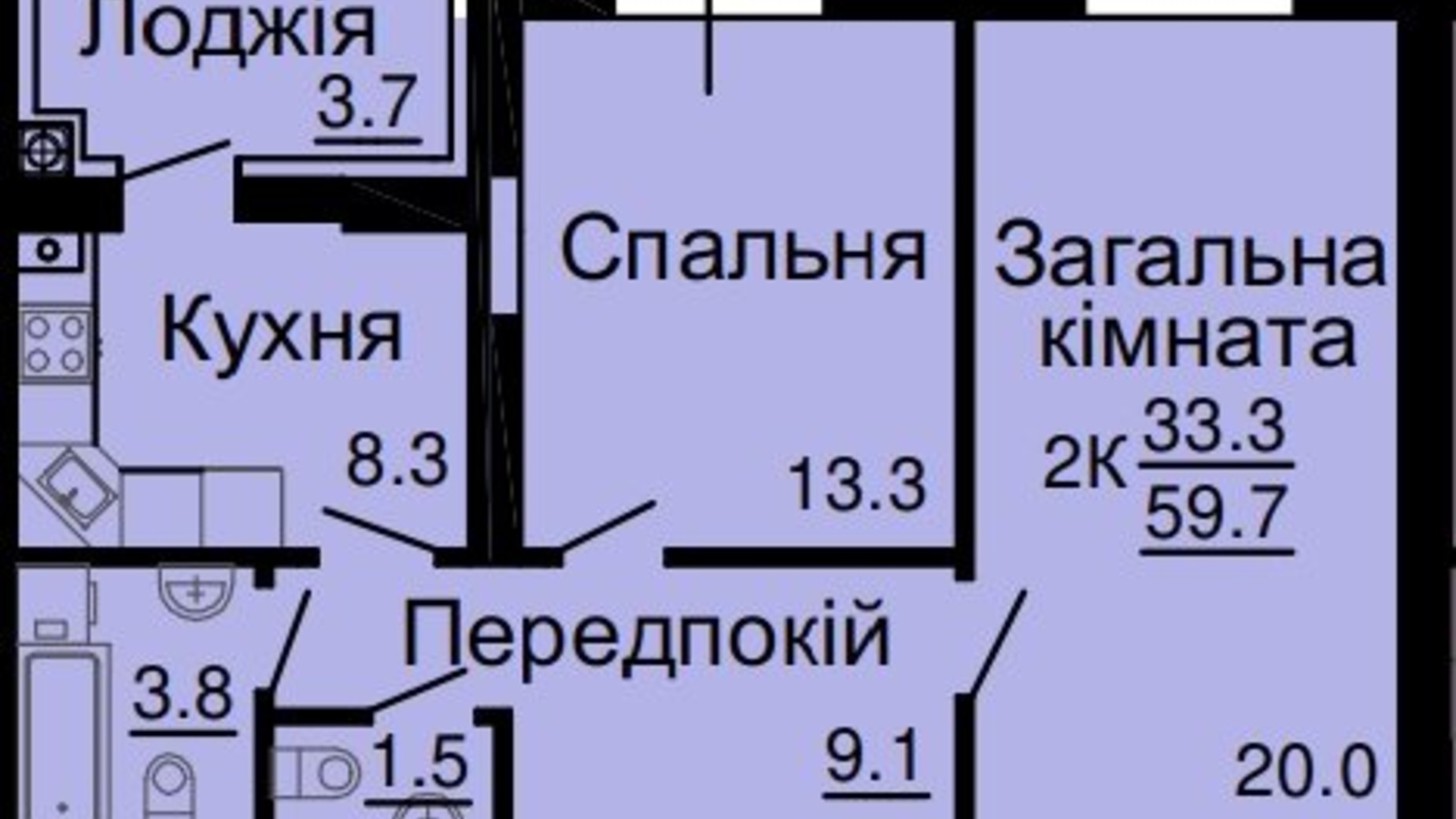 Планировка 2-комнатной квартиры в ЖК Львівський затишок 59.7 м², фото 368567