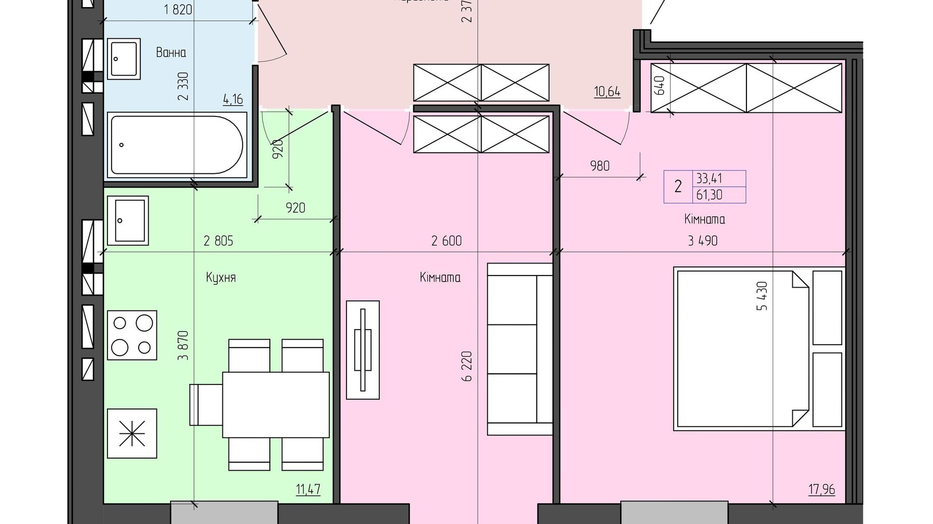 Планировка 2-комнатной квартиры в ЖК София 61.3 м², фото 368684