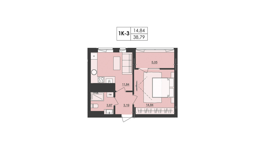 Планування 1-кімнатної квартири в ЖК Київський 38.79 м², фото 368762