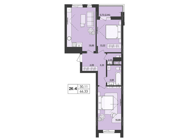 ЖК Київський: планування 2-кімнатної квартири 66.33 м²
