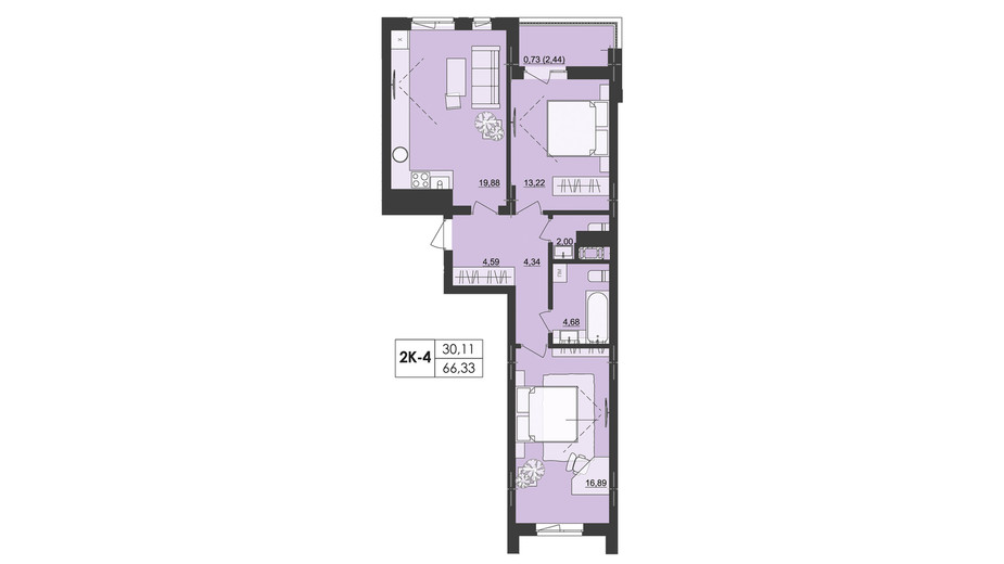 Планування 2-кімнатної квартири в ЖК Київський 66.33 м², фото 368770
