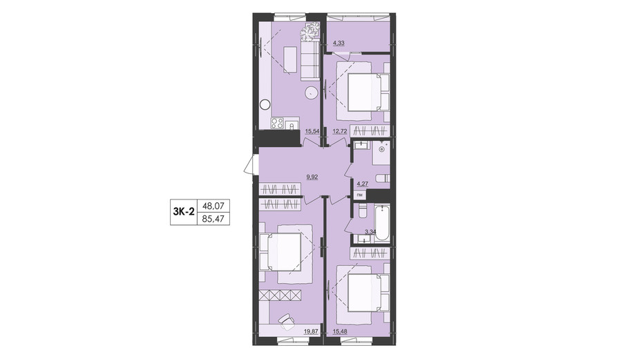 Планировка 3-комнатной квартиры в ЖК Киевский 85.47 м², фото 368772