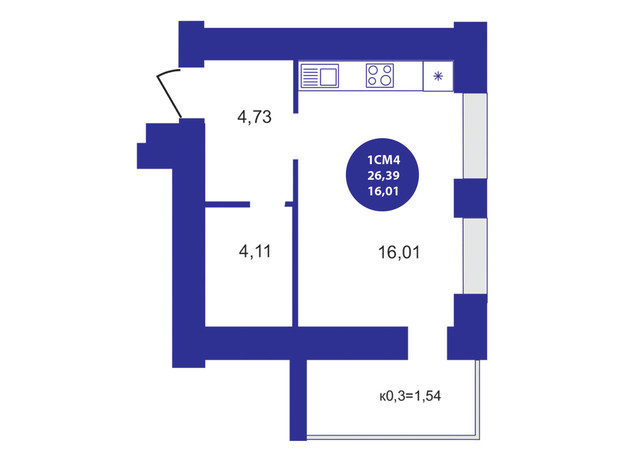 ЖК Атмосфера: планування 1-кімнатної квартири 26.39 м²