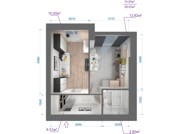 ЖК Атмосфера: планування 1-кімнатної квартири 38.66 м²