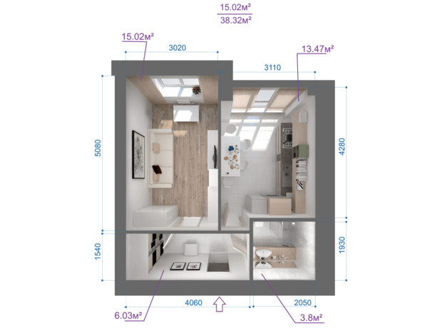 ЖК Атмосфера: планування 1-кімнатної квартири 38.29 м²