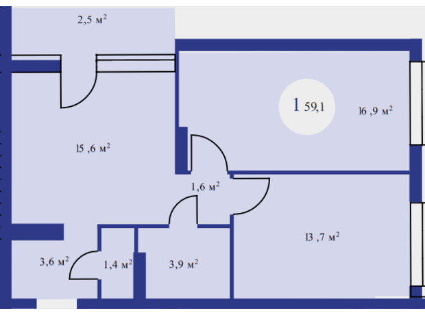 ЖК Атмосфера: планировка 2-комнатной квартиры 59.1 м²