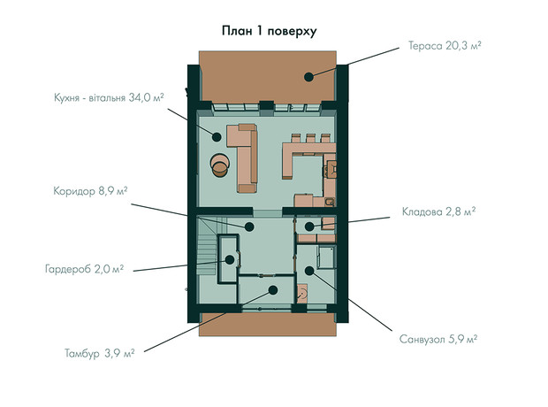 Таунхаус Green Wall: планировка 3-комнатной квартиры 125 м²