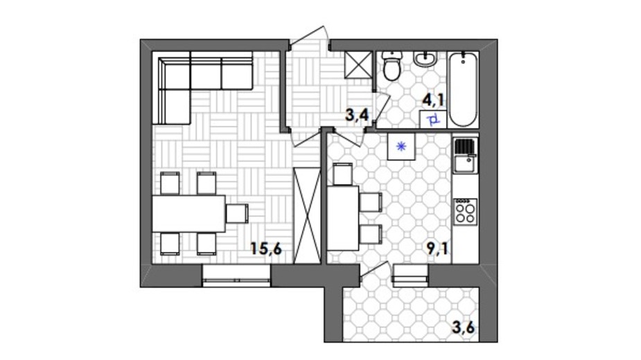 Планировка 1-комнатной квартиры в ЖК Лука Сити 35.8 м², фото 369655