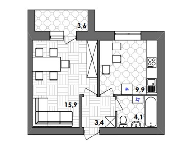 ЖК Лука Сити: планировка 1-комнатной квартиры 36.9 м²