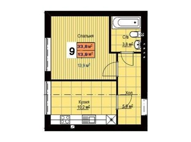 Клубный дом  Моя Бавария: планировка 1-комнатной квартиры 33.8 м²