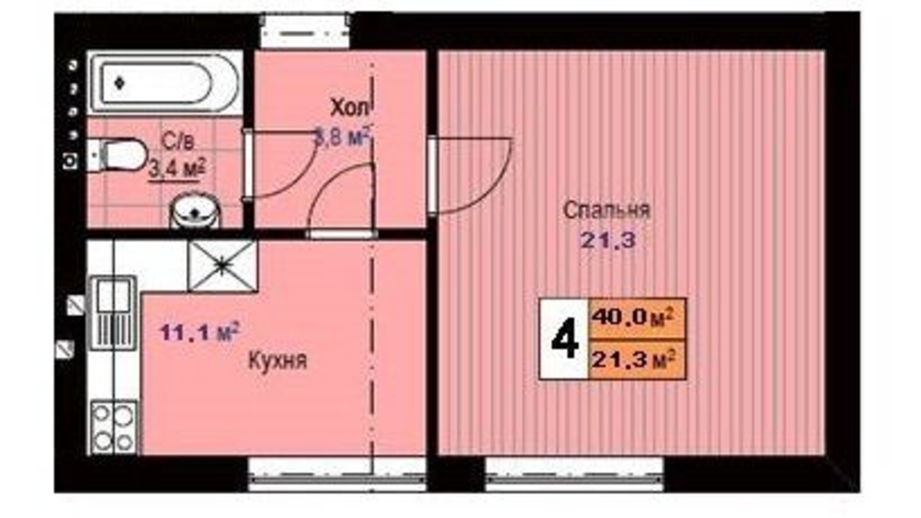 Планировка 1-комнатной квартиры в Клубный дом  Моя Бавария 40 м², фото 370008