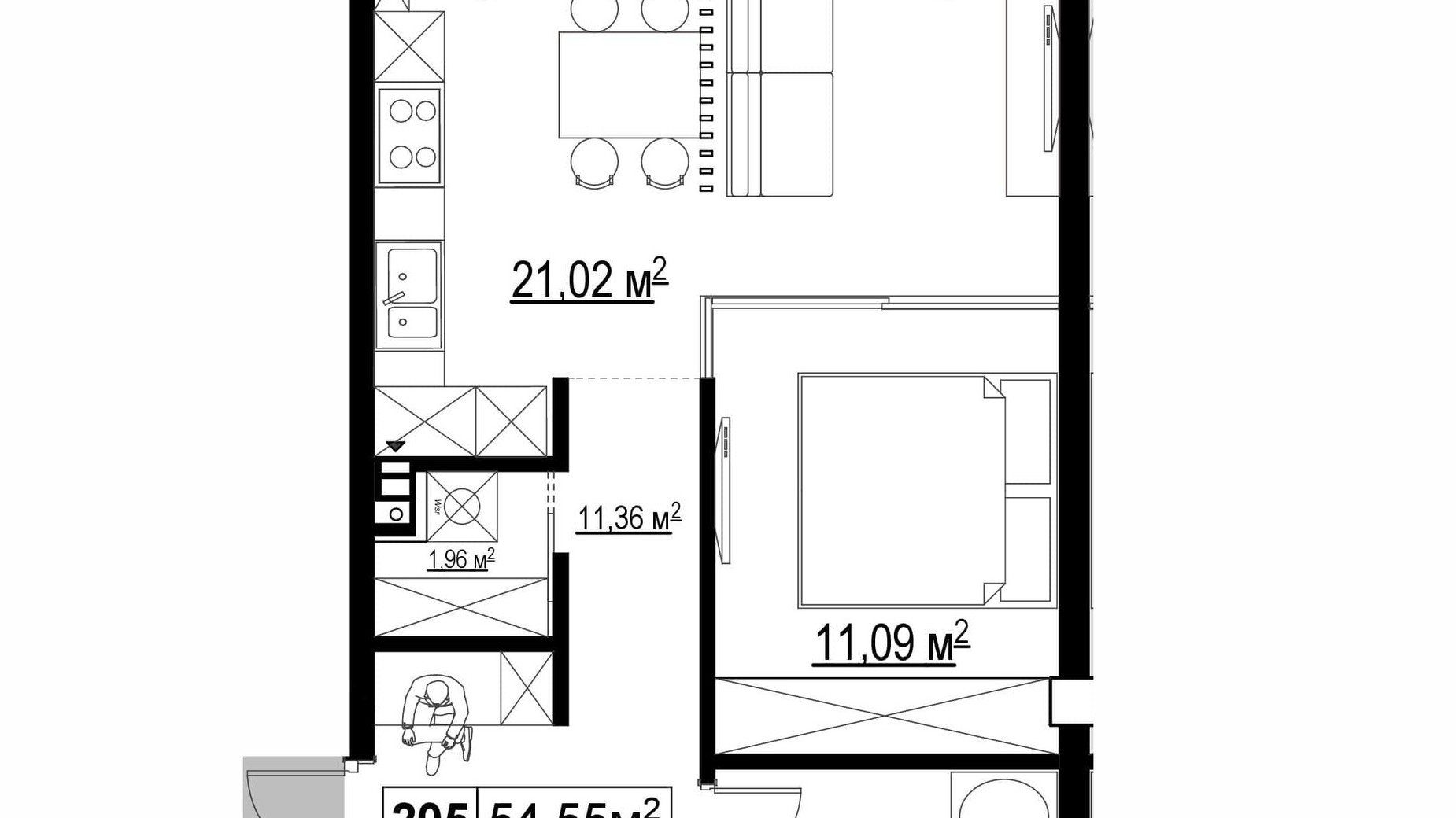 Планування 1-кімнатної квартири в ЖК Chateau Grand 54.55 м², фото 370039