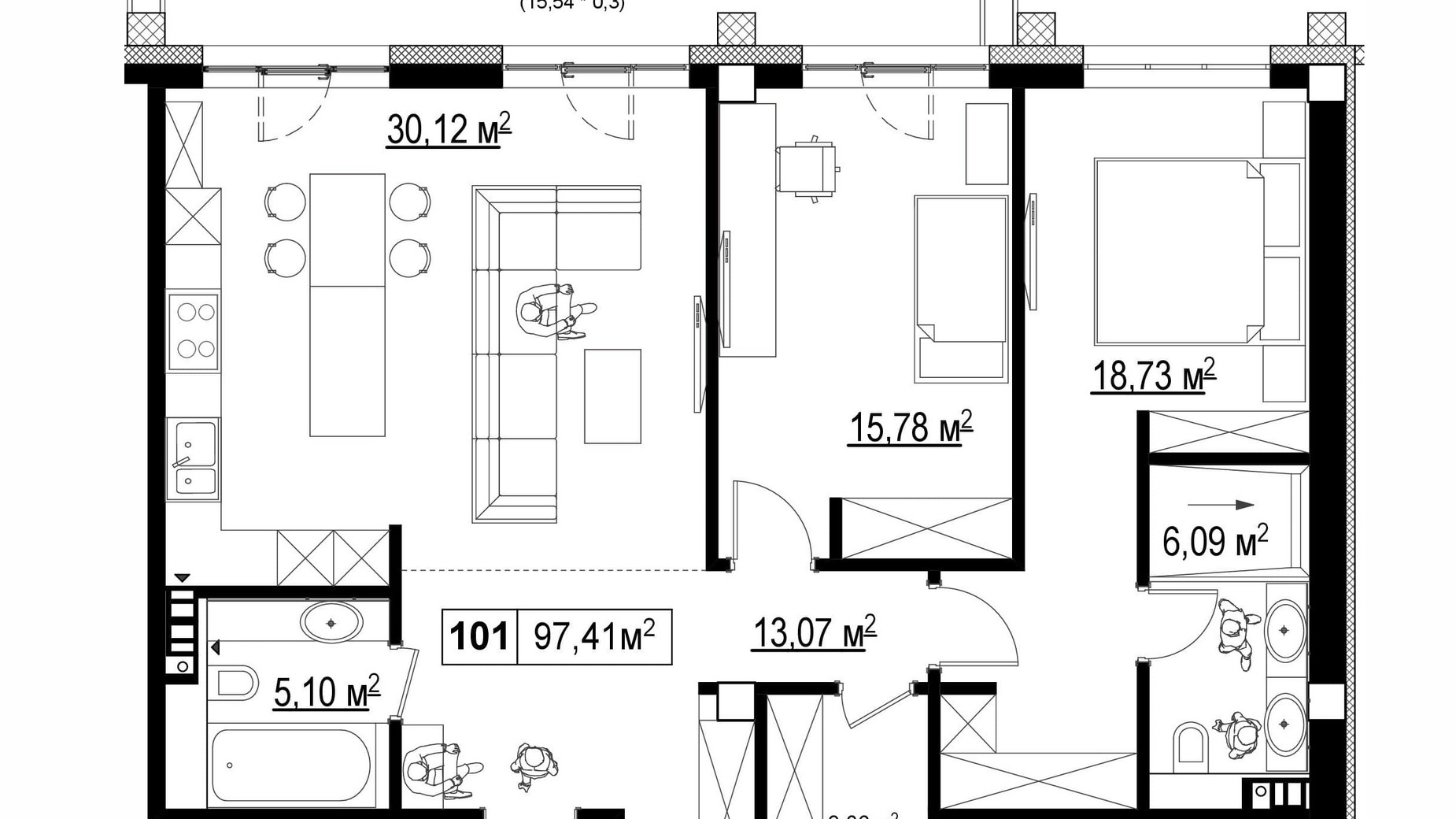 Планировка 2-комнатной квартиры в ЖК Chateau Grand 97.41 м², фото 370044